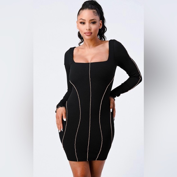 Elegant Black Long Sleeve Seam Detail Dress - Picture 5 of 6